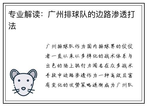 专业解读：广州排球队的边路渗透打法